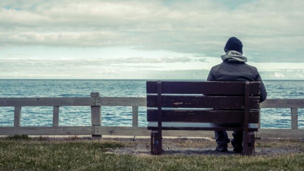 The back of a person sitting on a park bench overlooking water on a gloomy day.